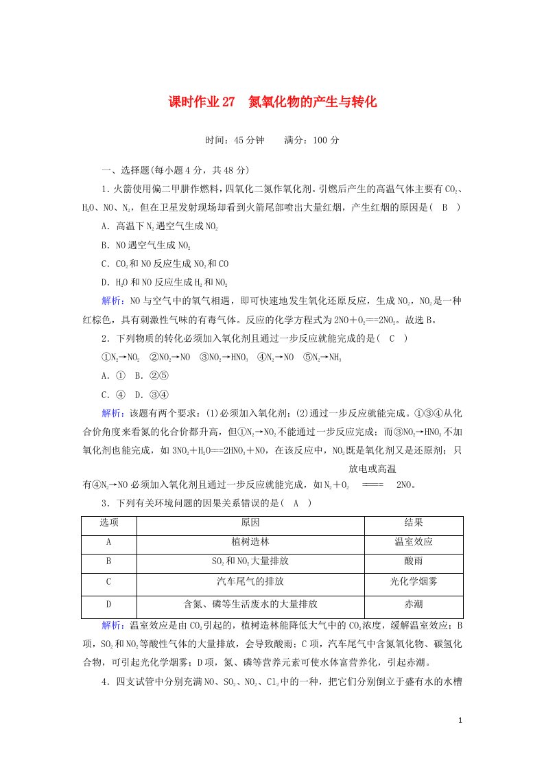 2020_2021学年高中化学专题4硫氮和可持续发展2_1氮氧化物的产生与转化课时作业含解析苏教版必修1