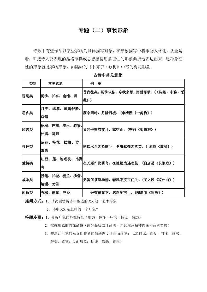 诗歌鉴赏之事物形象专题教案