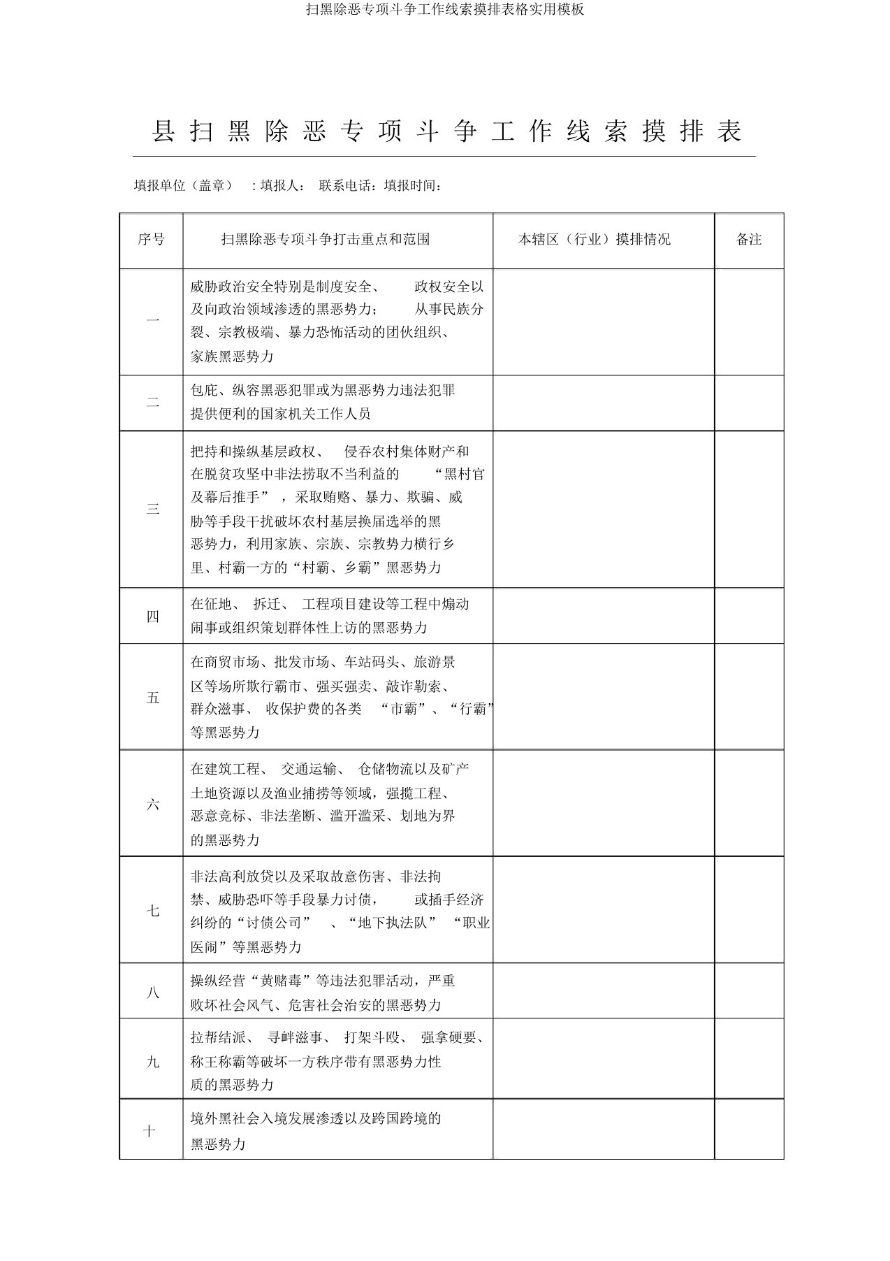 扫黑除恶专项斗争工作线索摸排表格实用模板