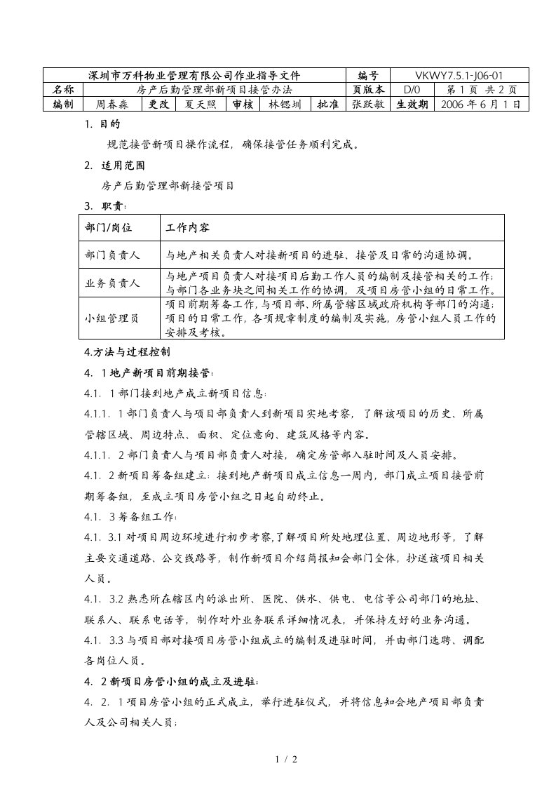 7.5.1-J06-01房产后勤管理部新项目接管办法