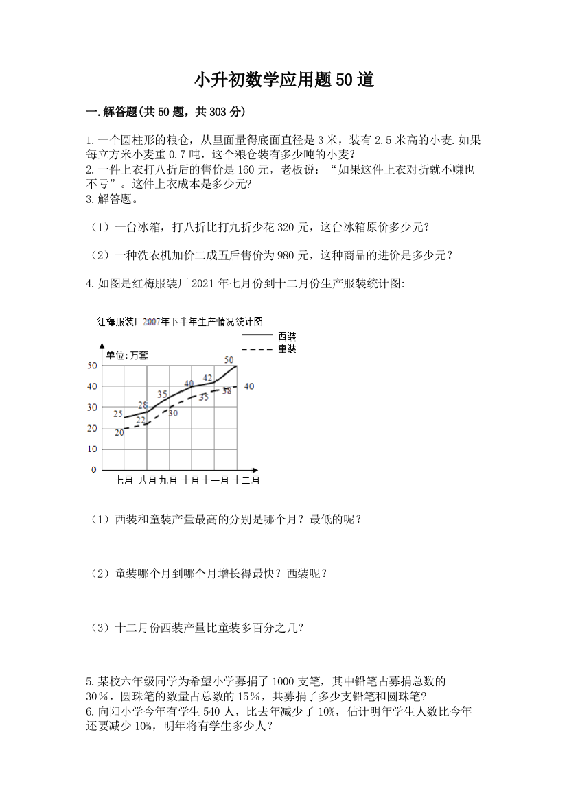 小升初数学应用题50道一套