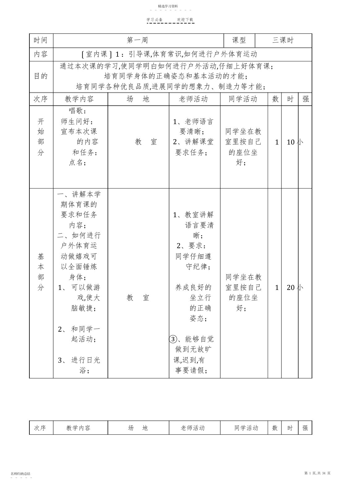 2022年小学四年级下册体育教案3