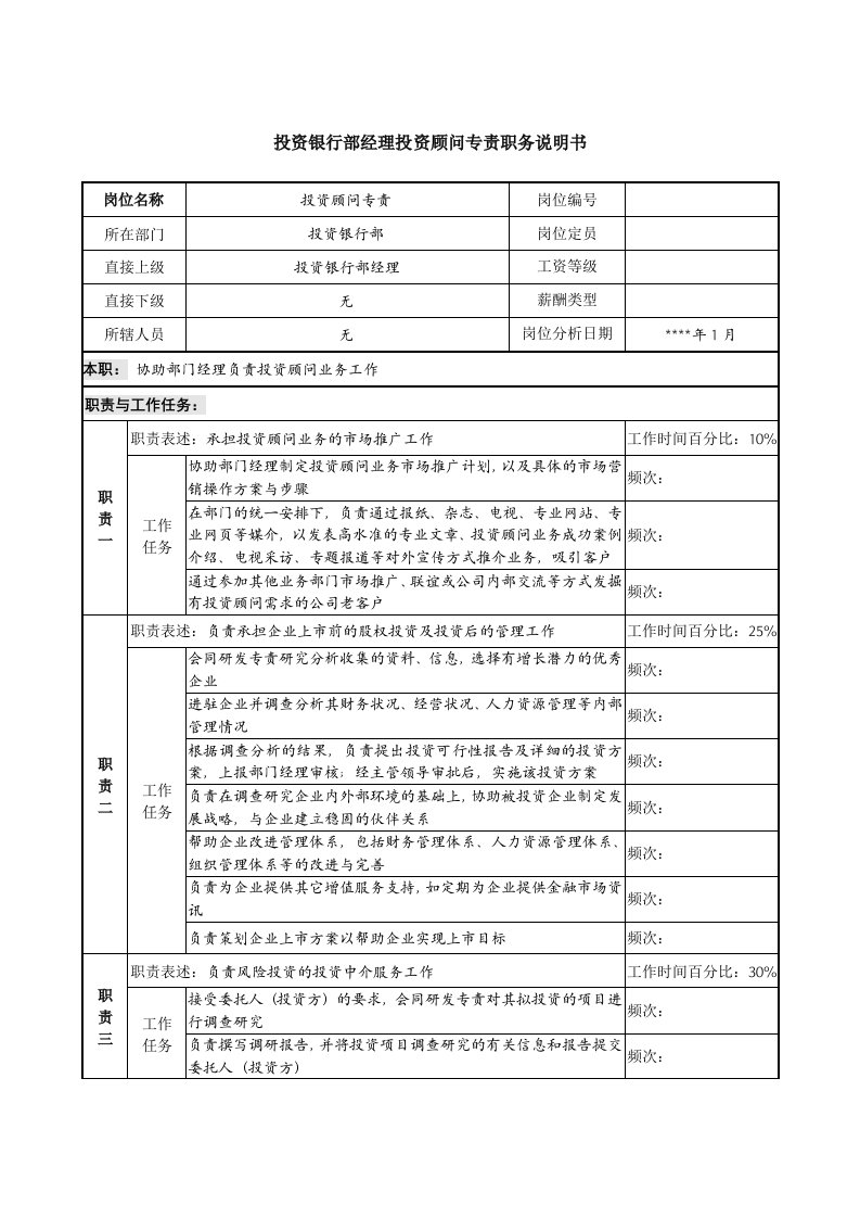 投资银行部经理投资顾问专责职务说明书