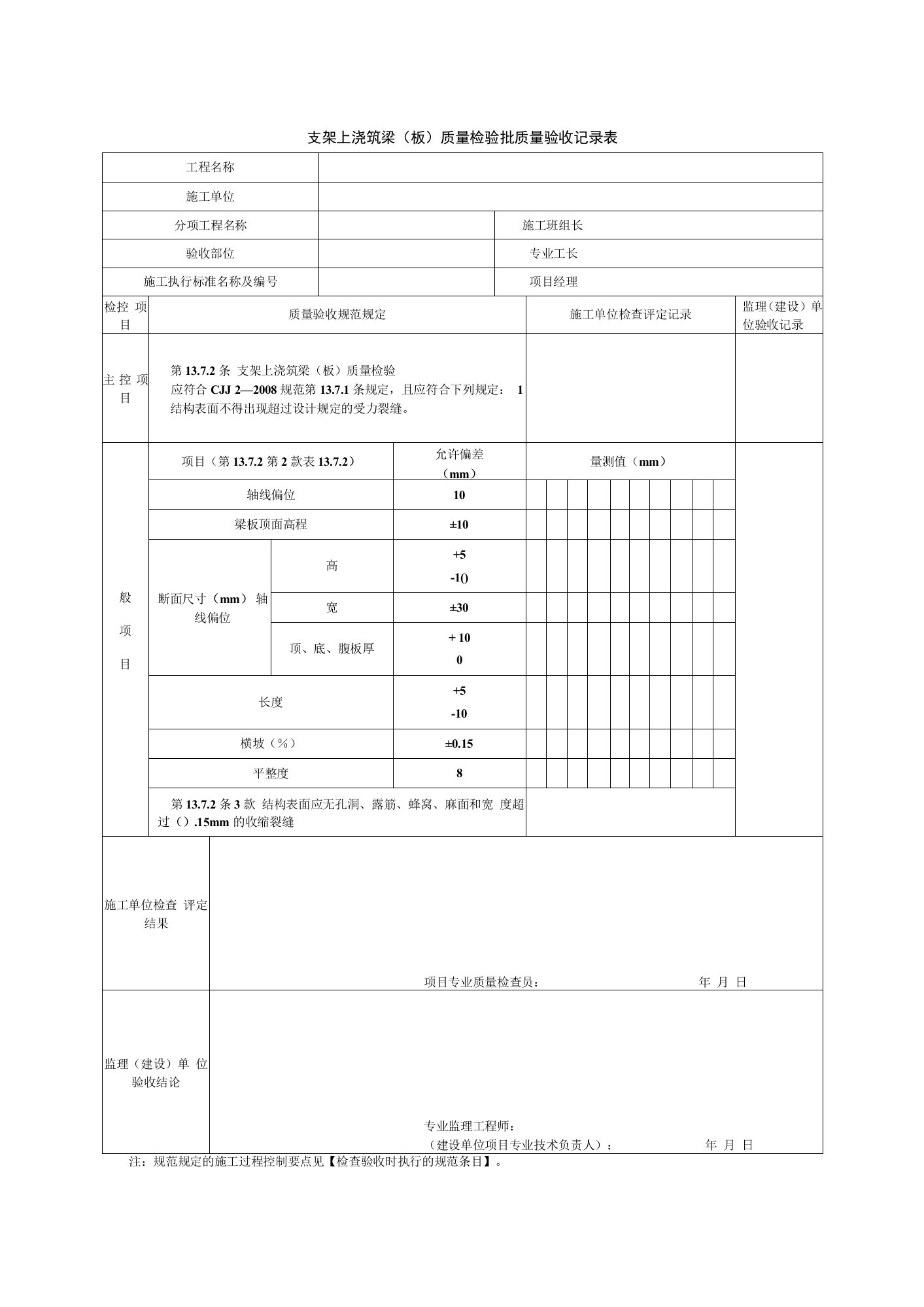 支架上浇筑梁（板）质量检验批质量验收记录表