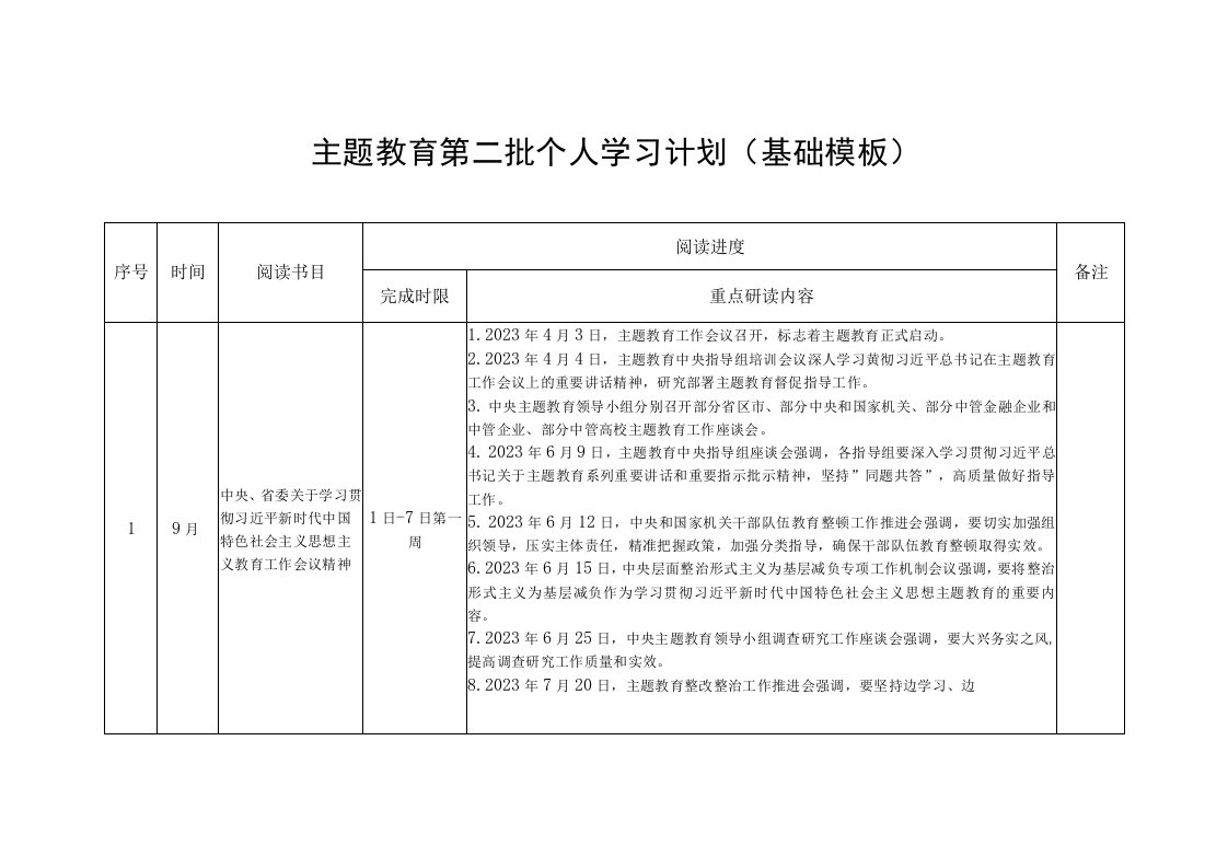 专题教育第二批个人学习计划基础模板（表格版）