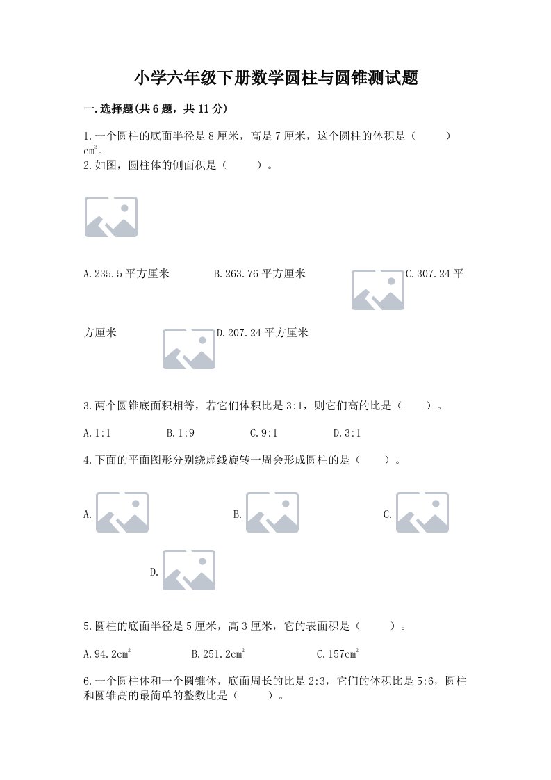 小学六年级下册数学圆柱与圆锥测试题（考点梳理）