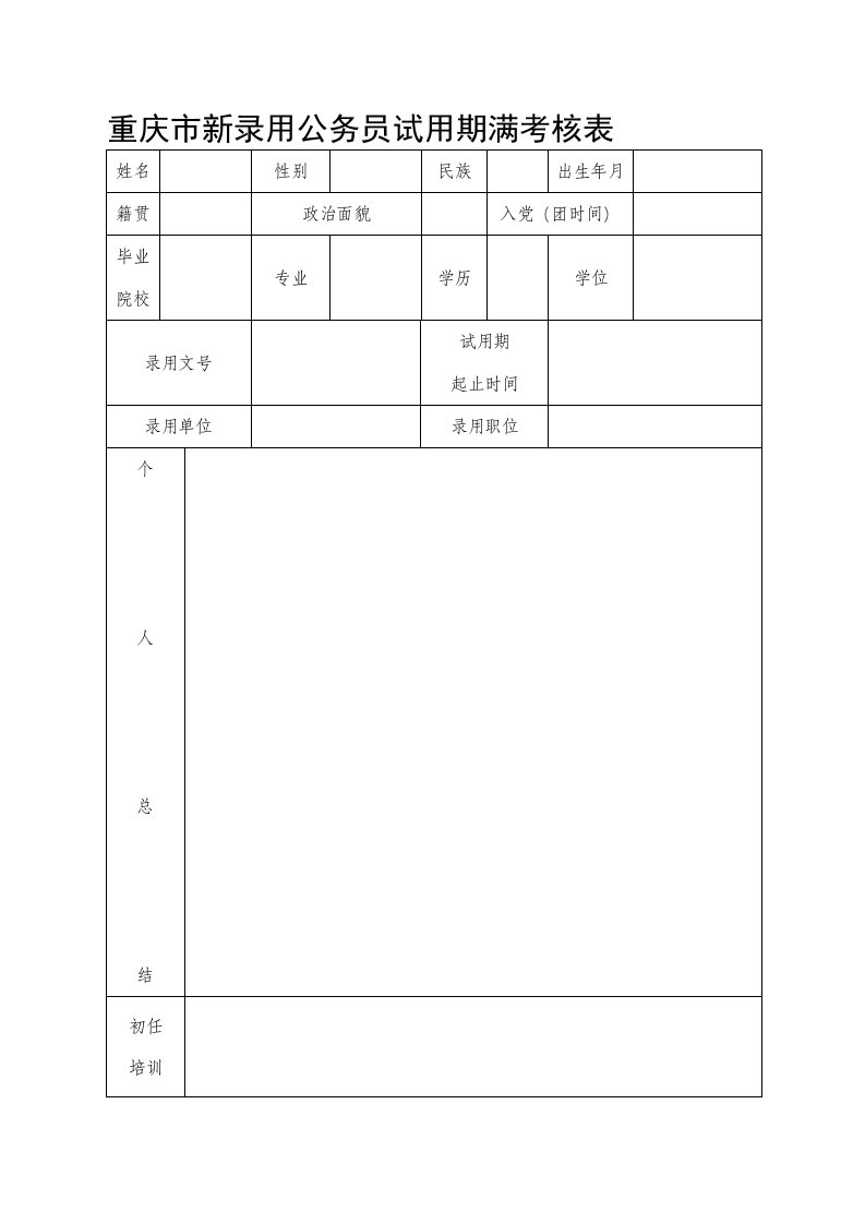 重庆市新录用公务员试用期满考核表