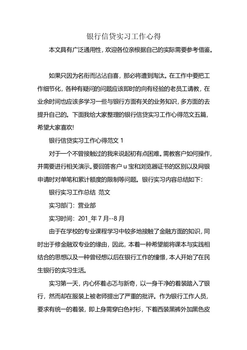 银行信贷实习工作心得