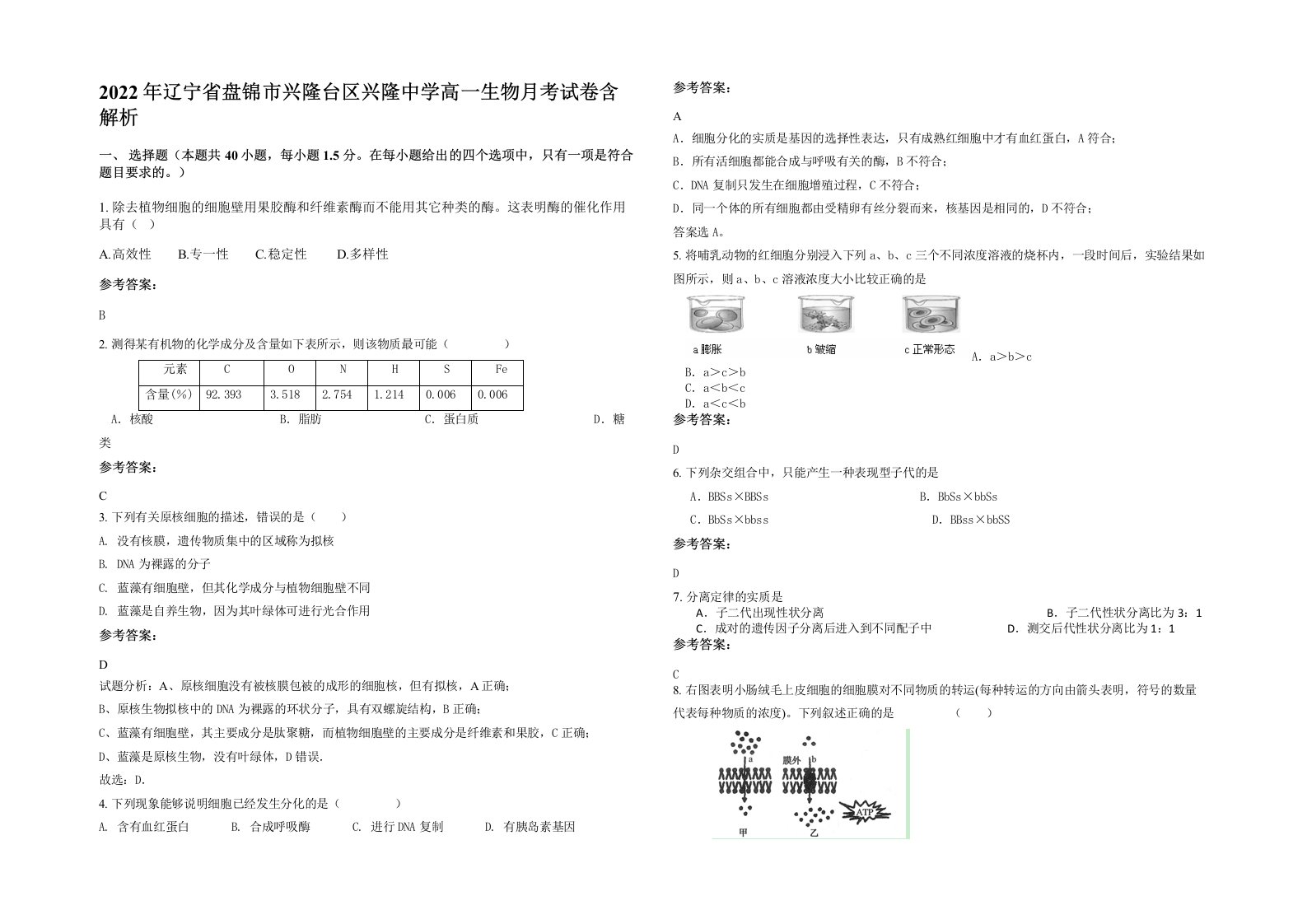 2022年辽宁省盘锦市兴隆台区兴隆中学高一生物月考试卷含解析