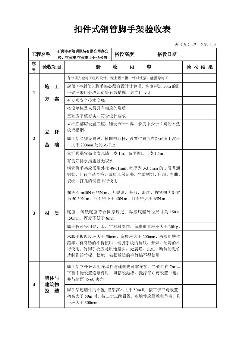 福建某办公楼及宿舍楼扣件式钢管脚手架验收表