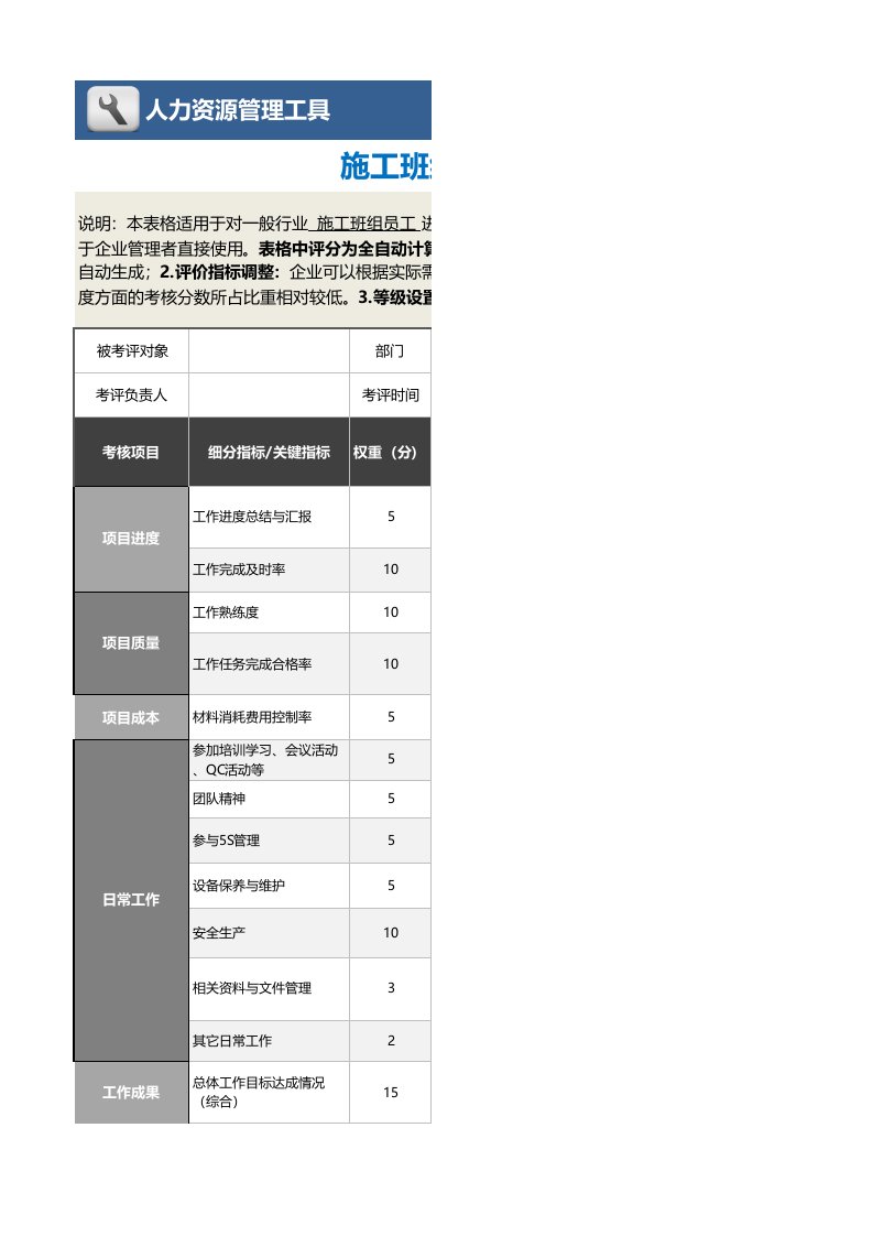 企业管理-084施工班组员工绩效考核表含自动计算与等级评价