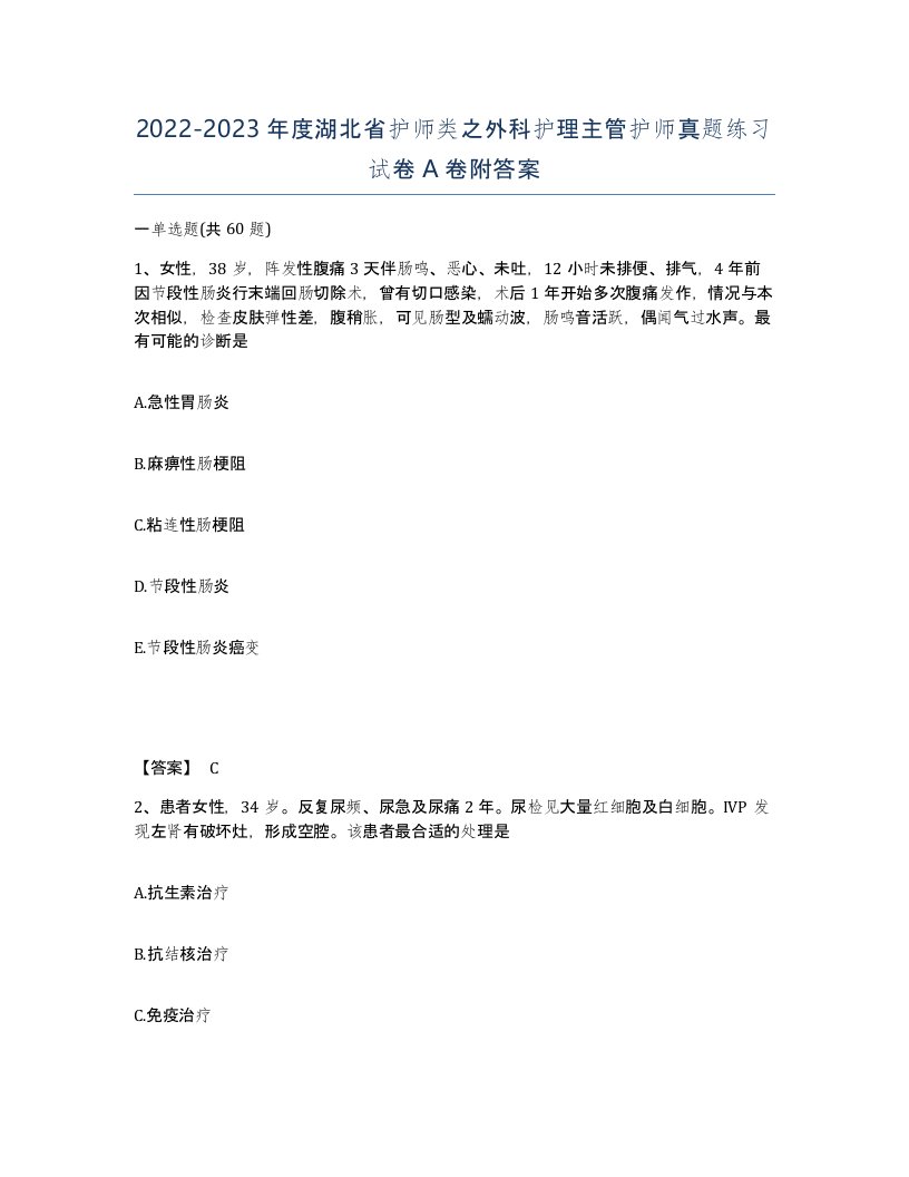 2022-2023年度湖北省护师类之外科护理主管护师真题练习试卷A卷附答案