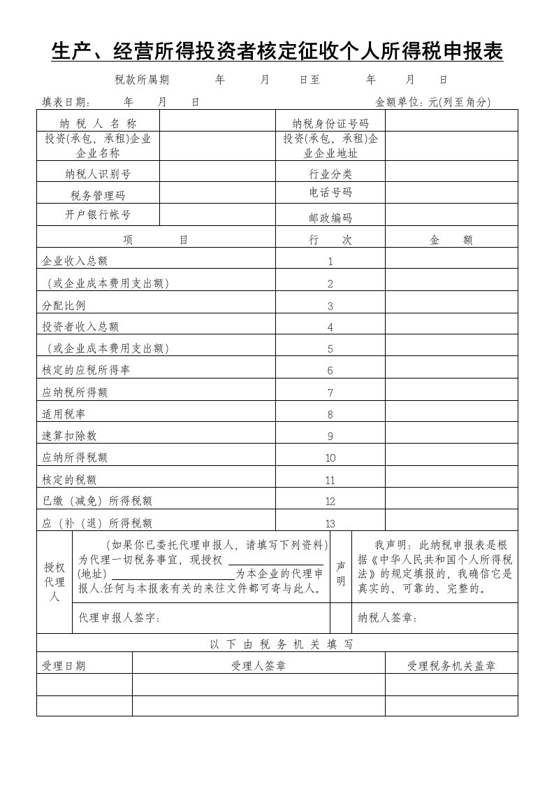 生产经营所得投资者核定征收个人所得税申报表