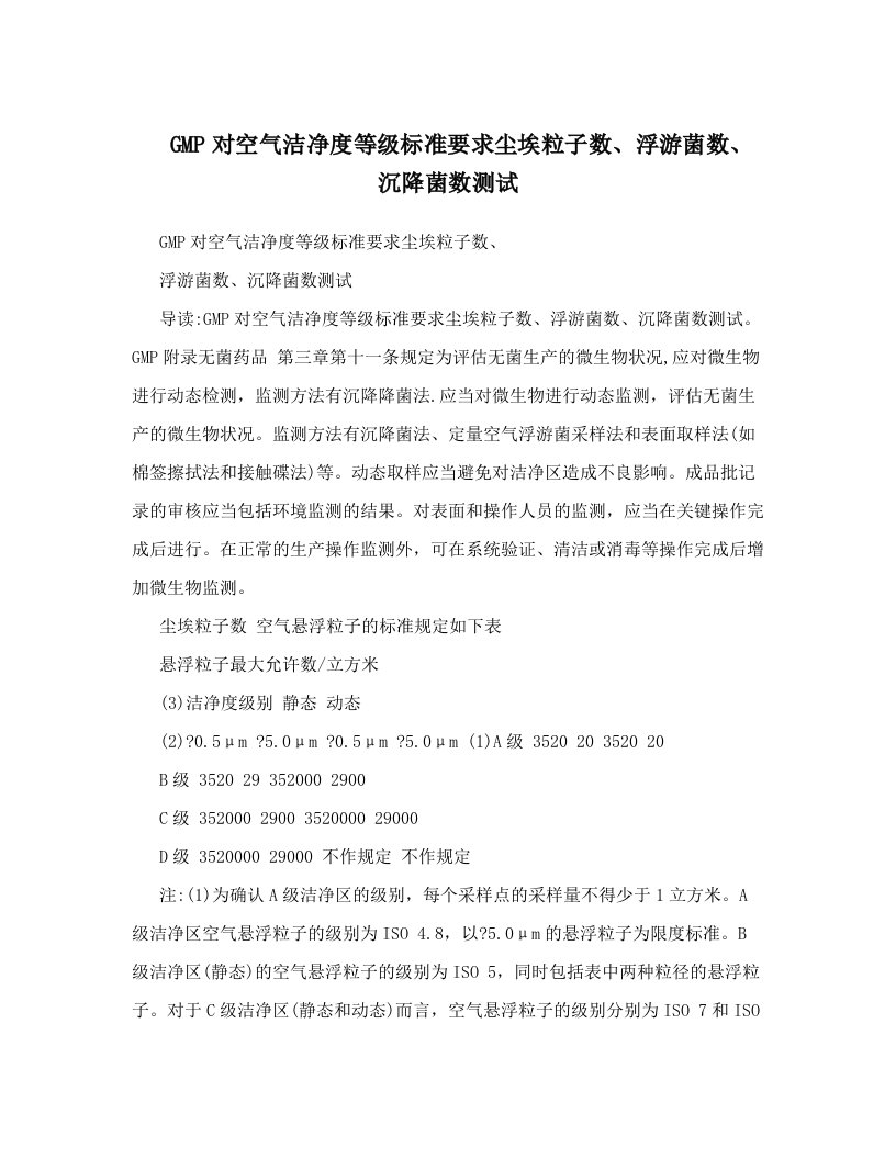 GMP对空气洁净度等级标准要求尘埃粒子数、浮游菌数、沉降菌数测试