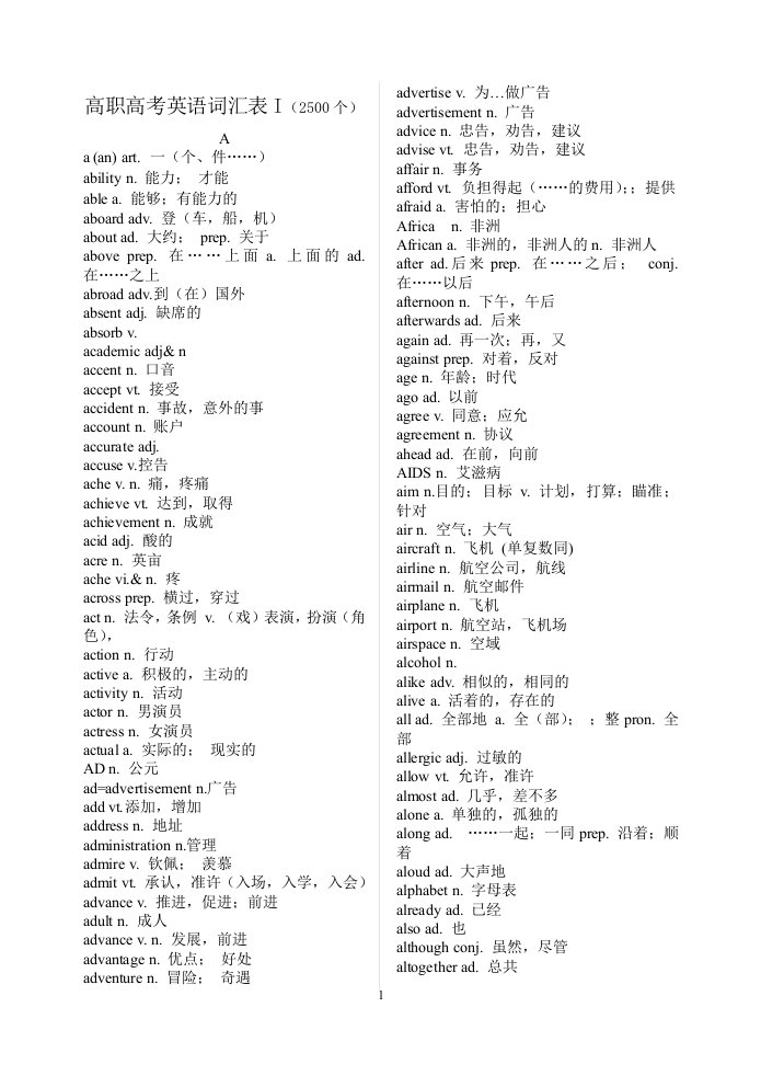 2014高职高考英语词汇表(2500个)