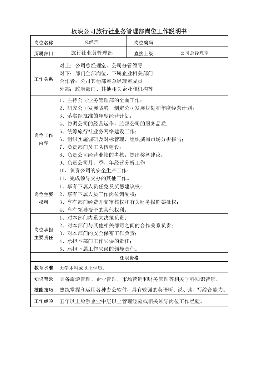 板块公司旅行社业务管理部岗位工作说明书