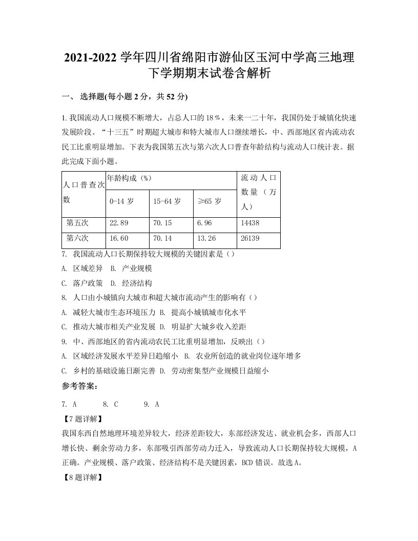 2021-2022学年四川省绵阳市游仙区玉河中学高三地理下学期期末试卷含解析