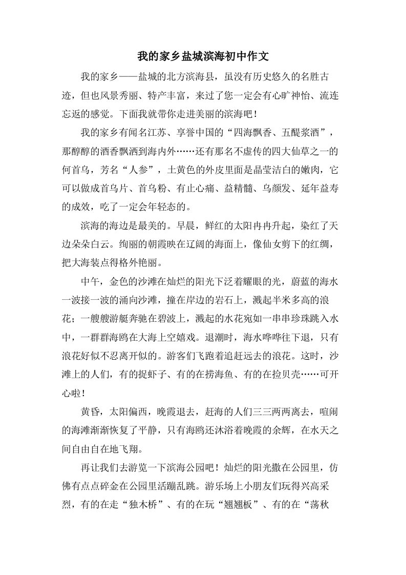 我的家乡盐城滨海初中作文