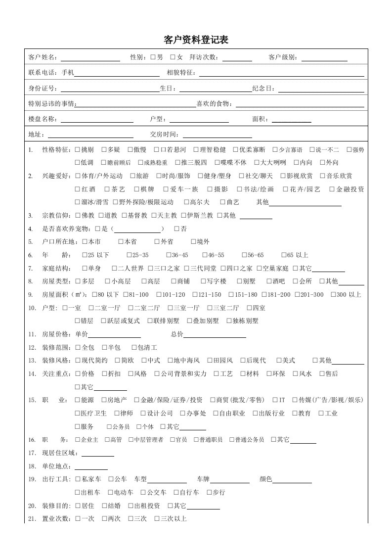 家装公司客户资料登记表