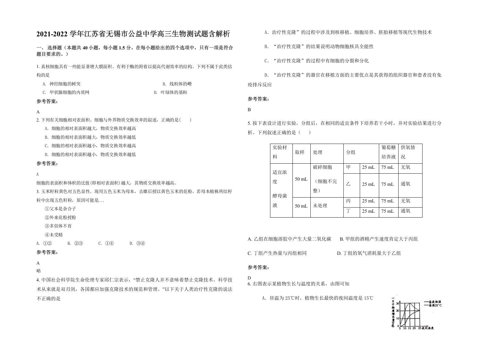 2021-2022学年江苏省无锡市公益中学高三生物测试题含解析