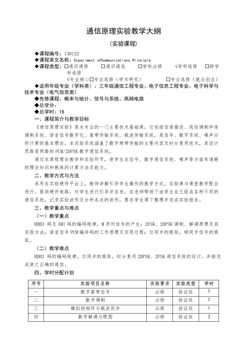 通信原理实验教学大纲