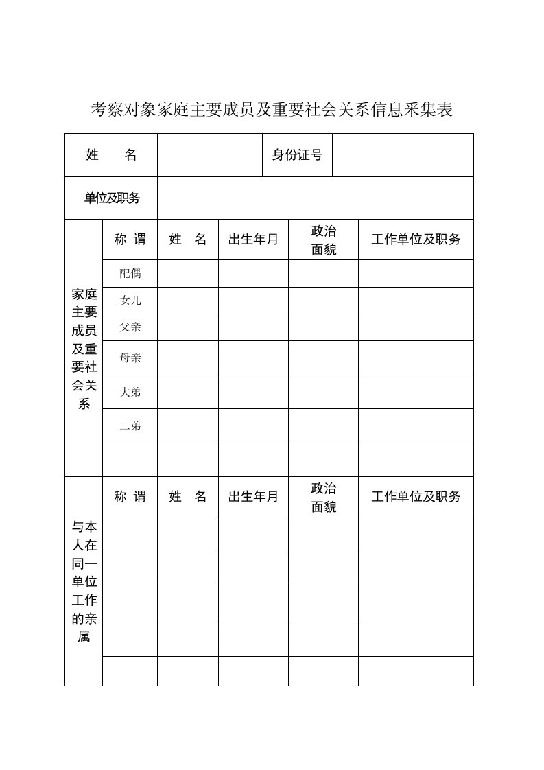 领导干部家庭主要成员及重要社会关系信息采集表