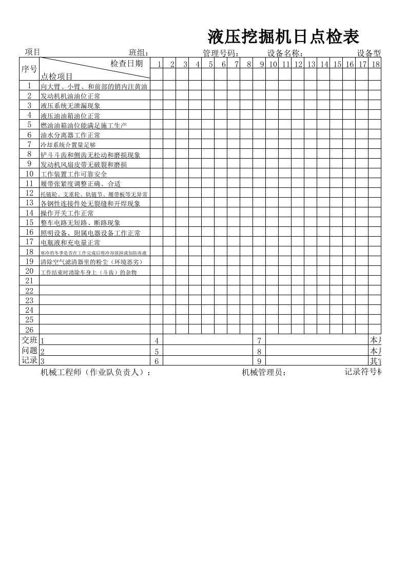 挖掘机日点检表