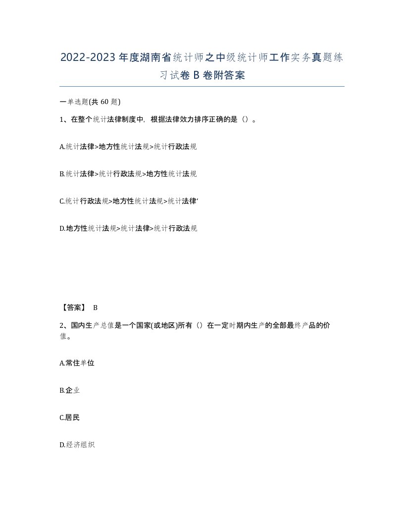 2022-2023年度湖南省统计师之中级统计师工作实务真题练习试卷B卷附答案