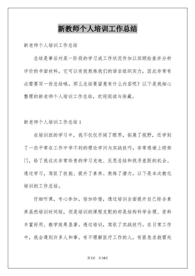 新教师个人培训工作总结例文