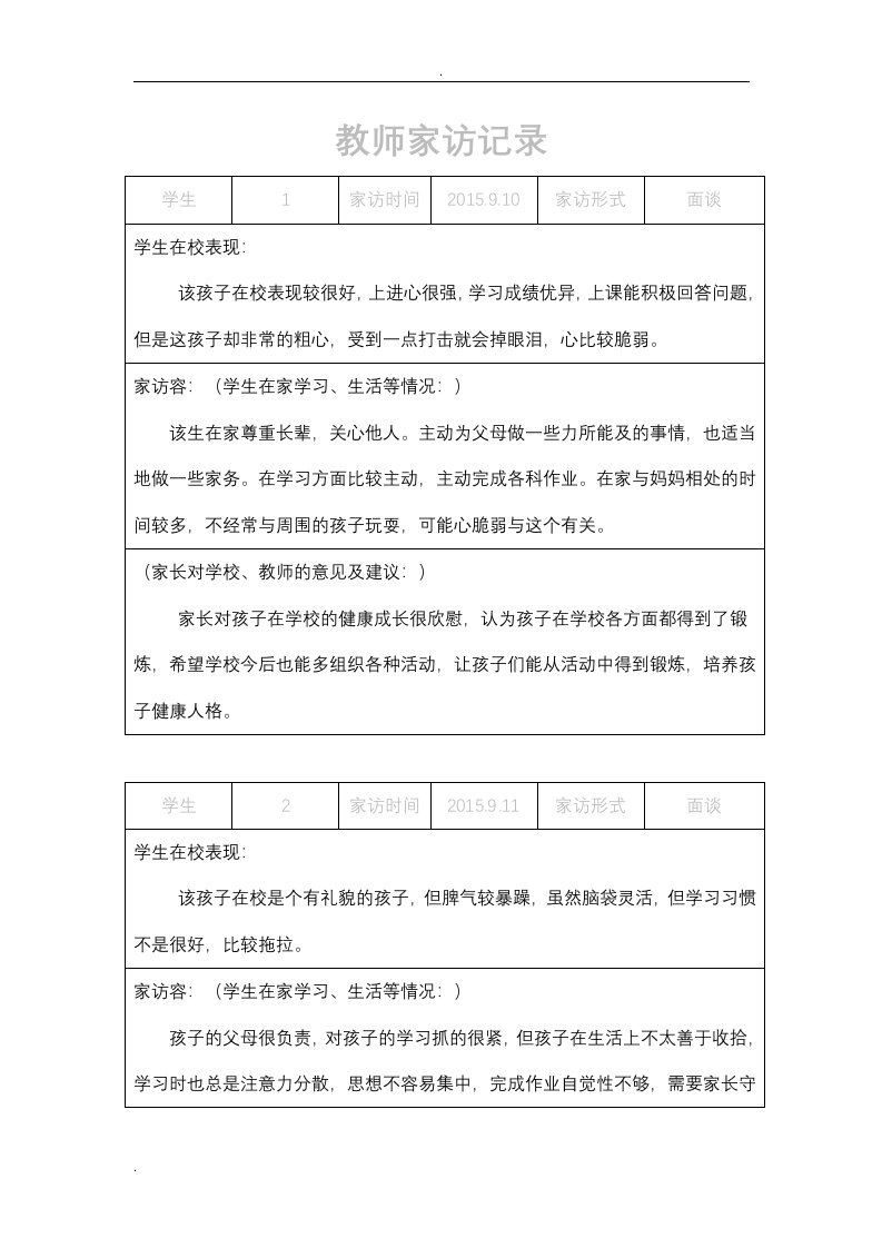 小学教师家访记录内容