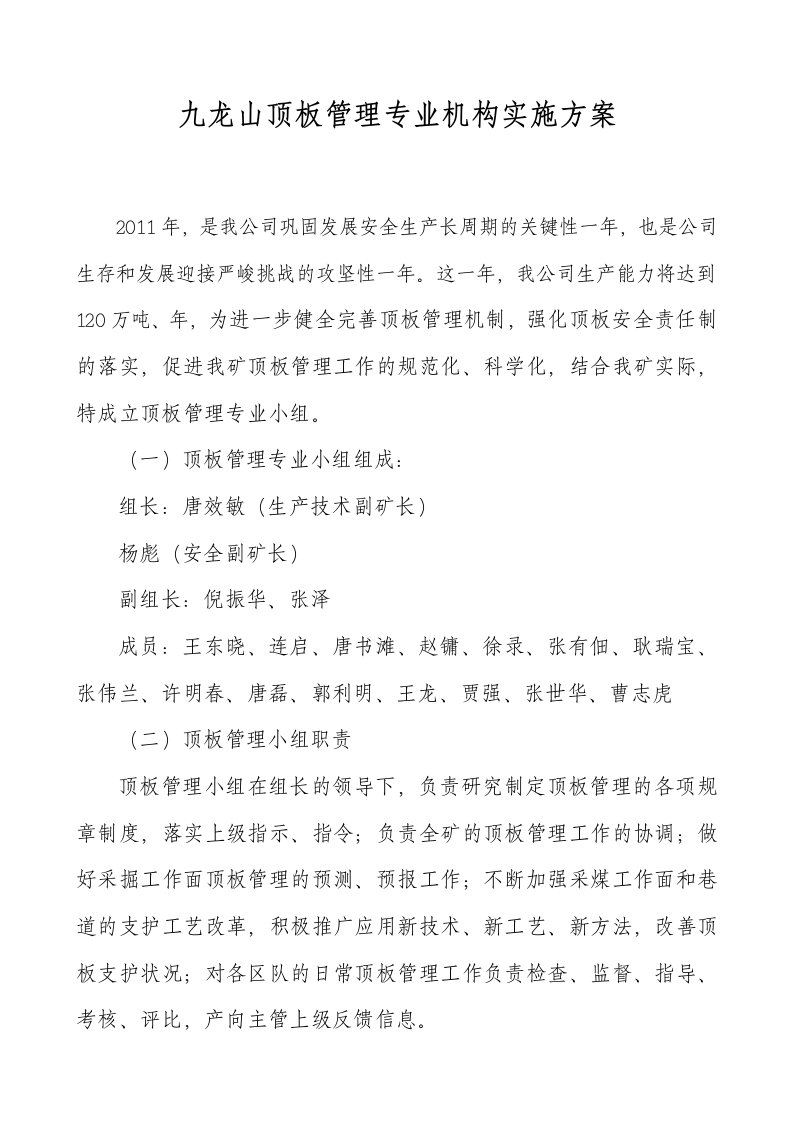 顶板管理专业小组组织机构及职责分工