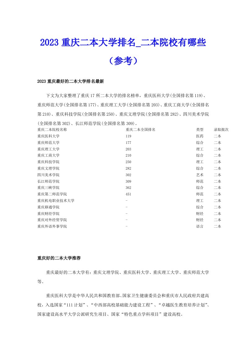 2023重庆二本大学排名_二本院校有哪些（参考）