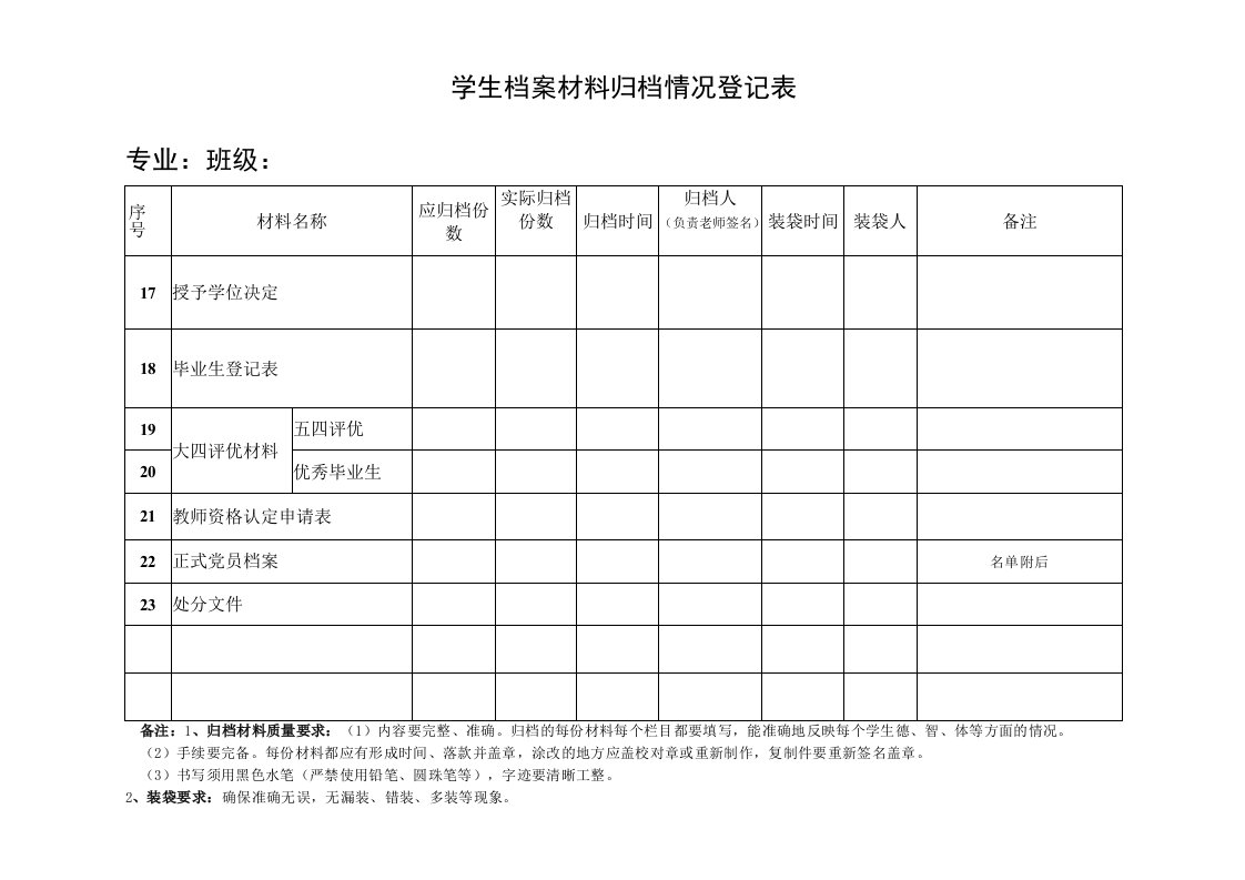 学生档案材料归档情况登记表格