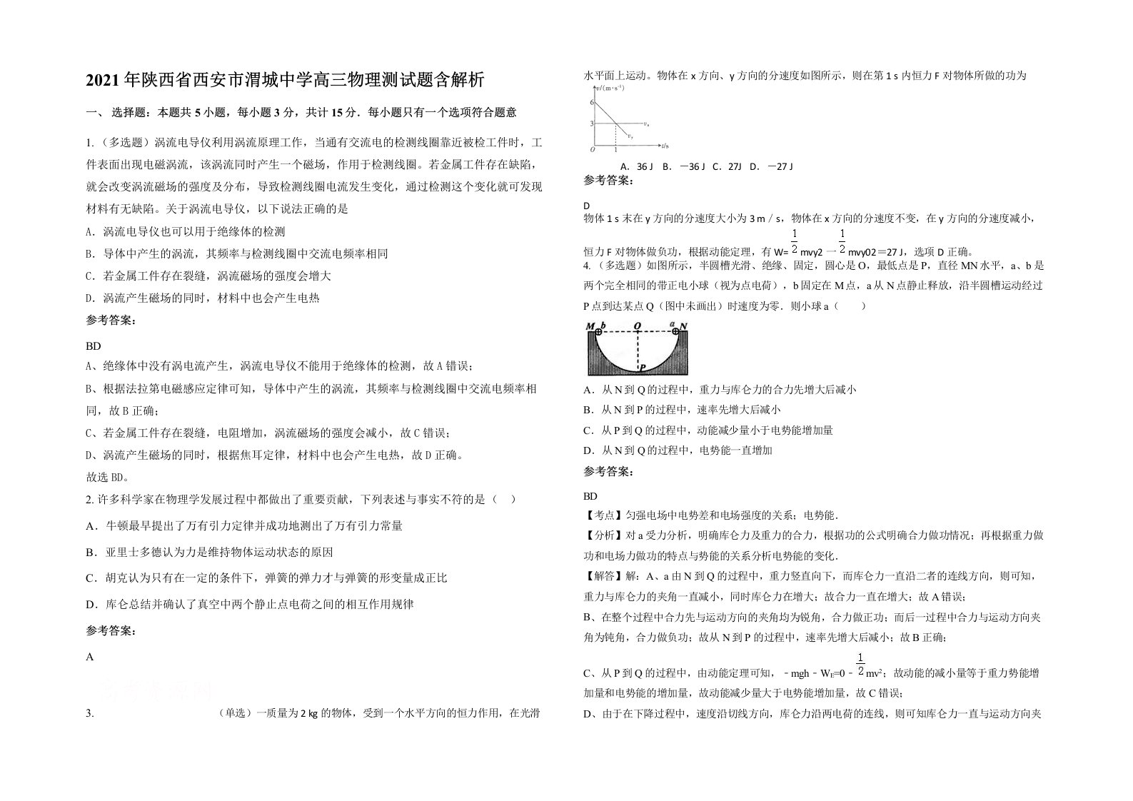 2021年陕西省西安市渭城中学高三物理测试题含解析