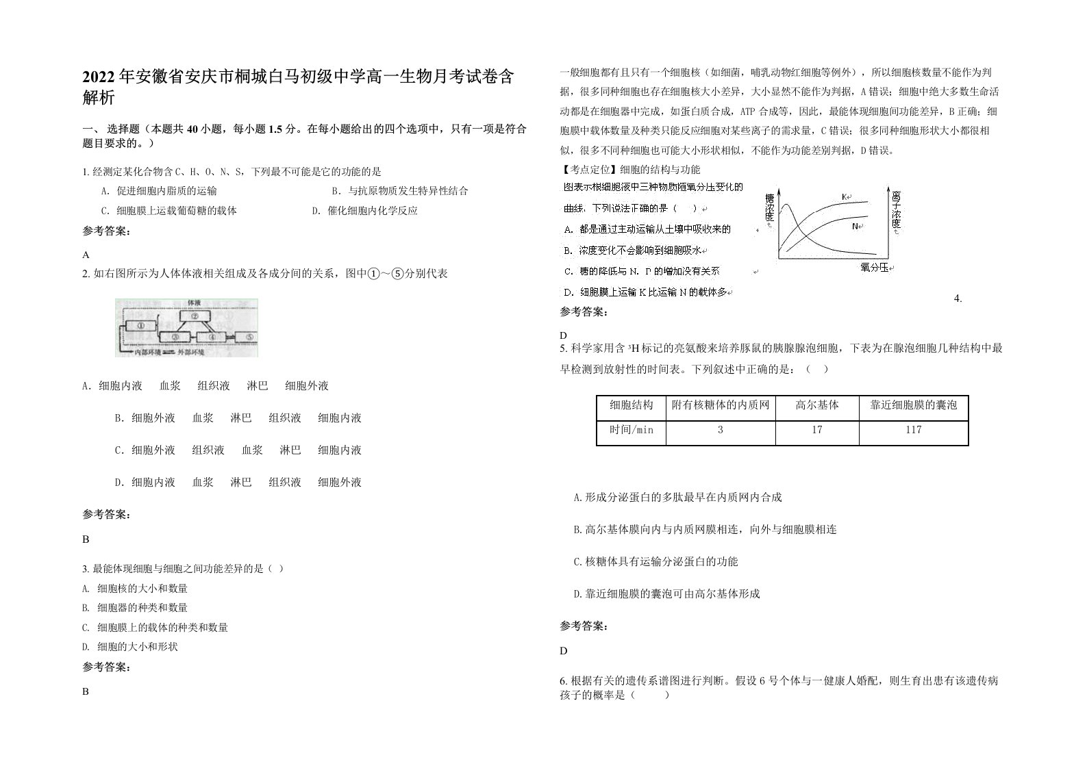 2022年安徽省安庆市桐城白马初级中学高一生物月考试卷含解析