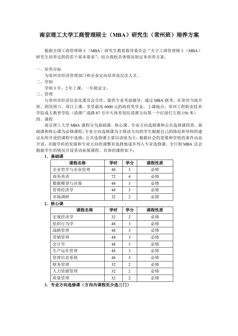 精选南京理工大学工商管理硕士mba研究生培养方案