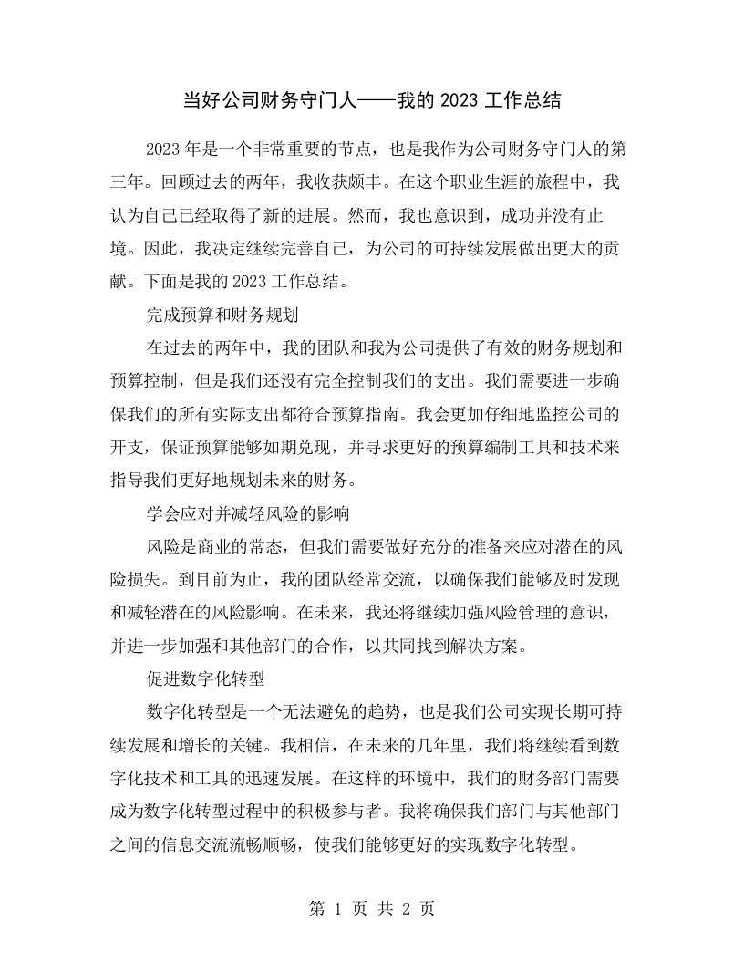 当好公司财务守门人——我的2023工作总结