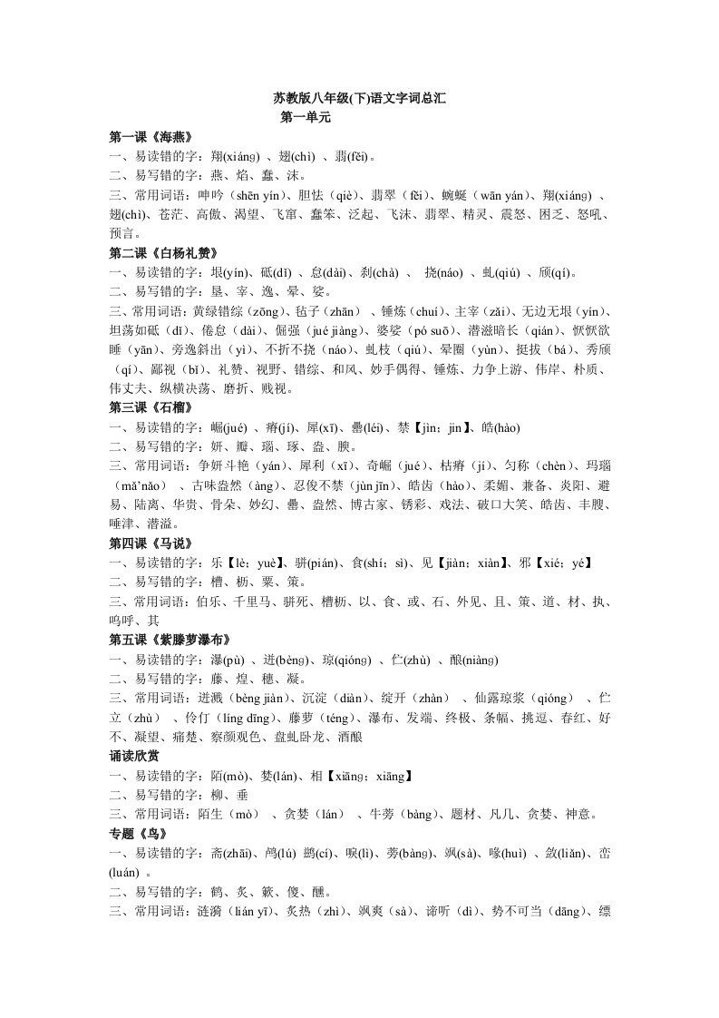 苏教版八年级下语文常用生字词