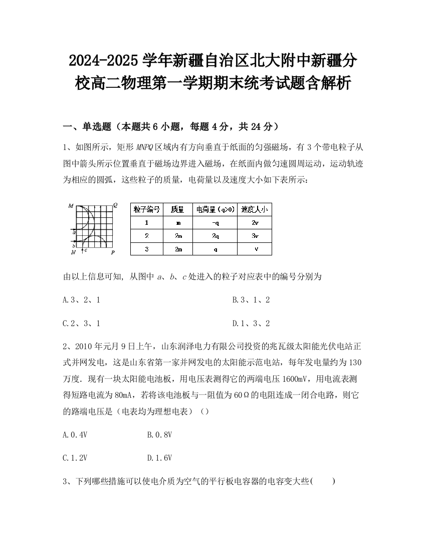 2024-2025学年新疆自治区北大附中新疆分校高二物理第一学期期末统考试题含解析