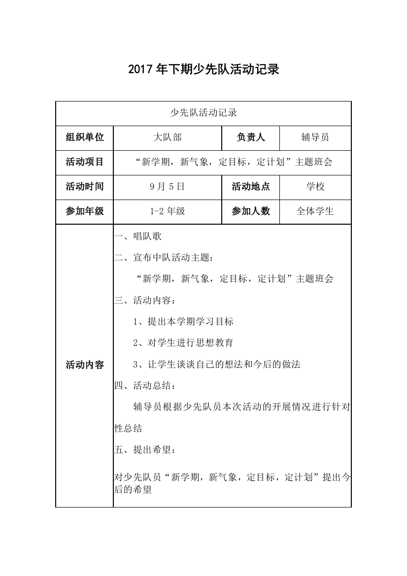 2017年秋季学期少先队活动记录