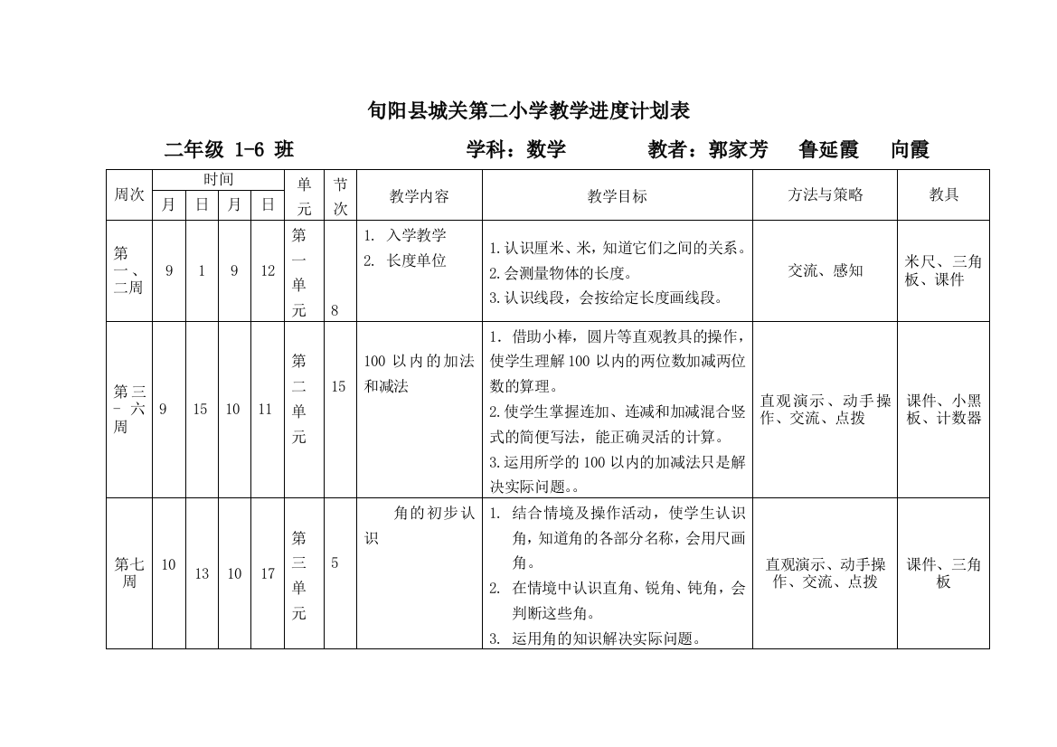 （中小学资料）二年级数学上册教学进度表