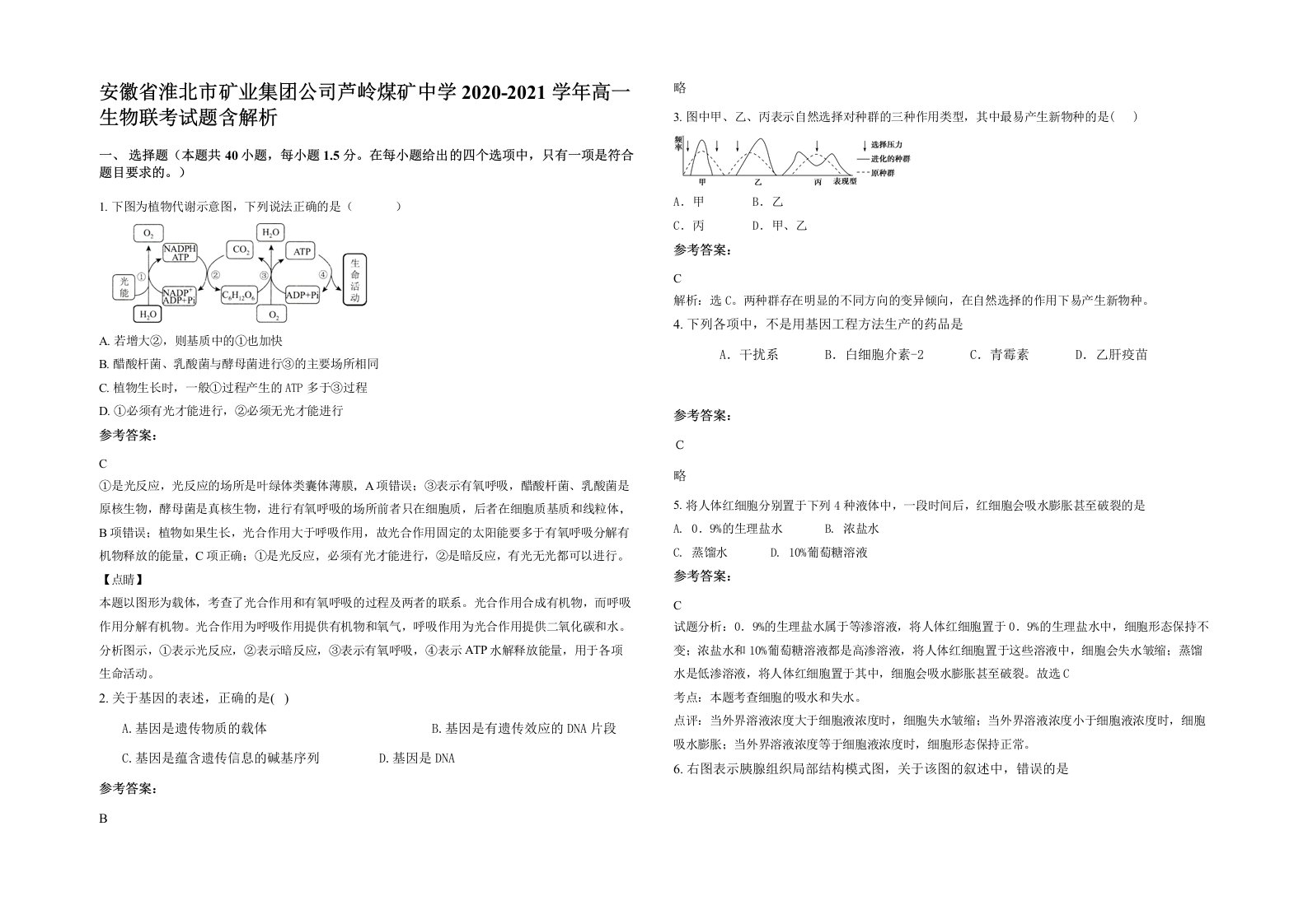 安徽省淮北市矿业集团公司芦岭煤矿中学2020-2021学年高一生物联考试题含解析