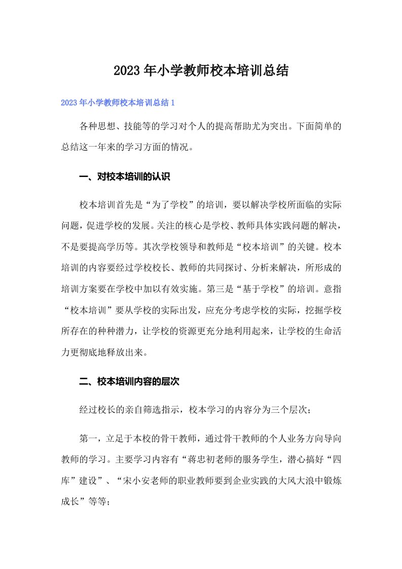 2023年小学教师校本培训总结