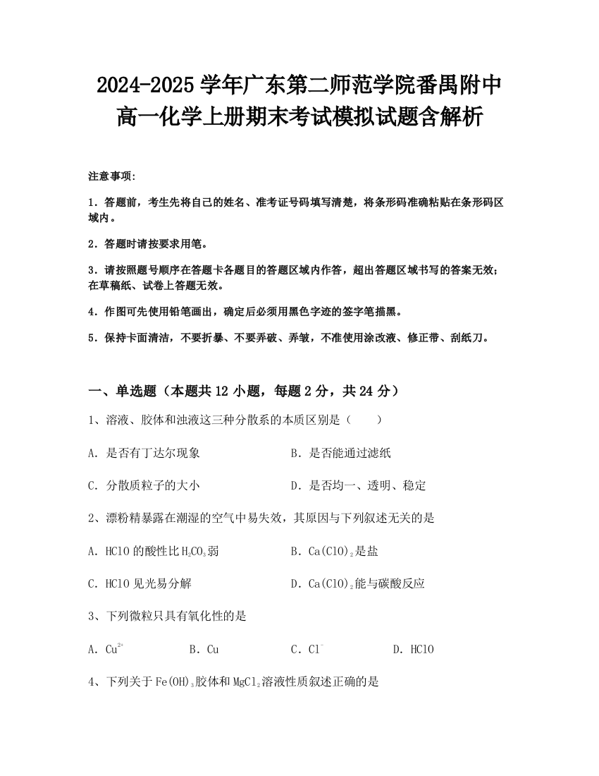 2024-2025学年广东第二师范学院番禺附中高一化学上册期末考试模拟试题含解析