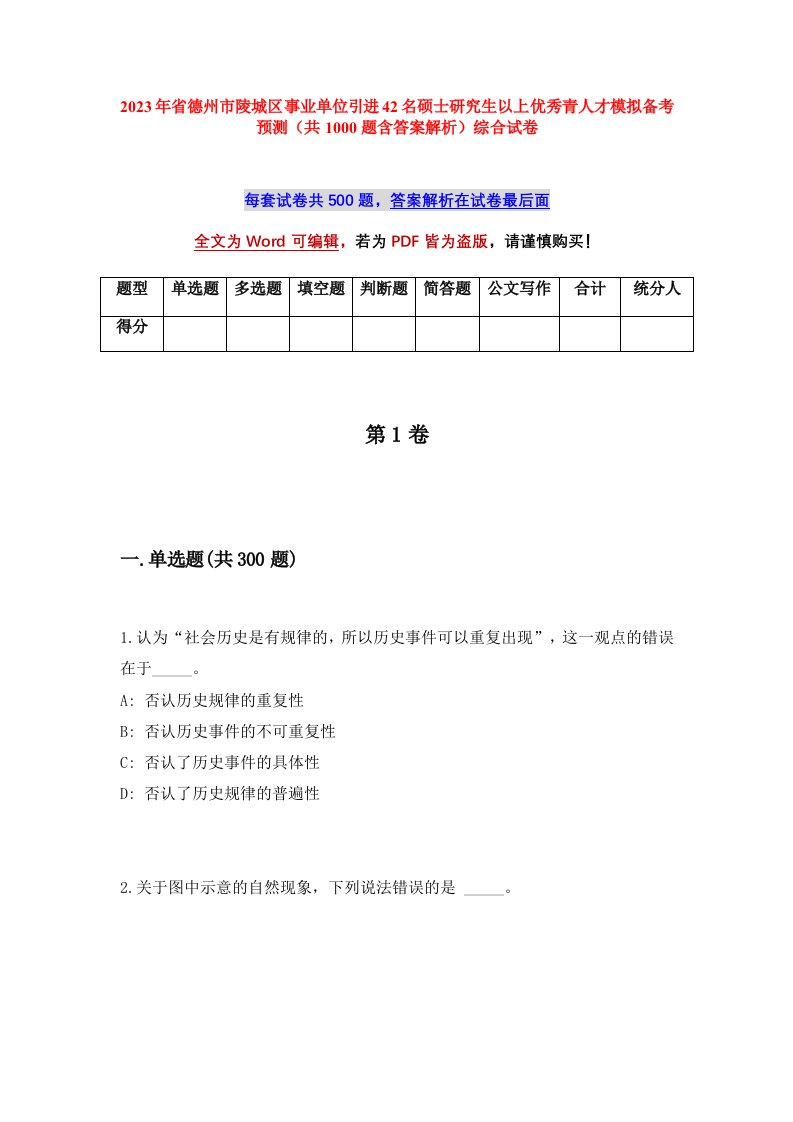 2023年省德州市陵城区事业单位引进42名硕士研究生以上优秀青人才模拟备考预测共1000题含答案解析综合试卷