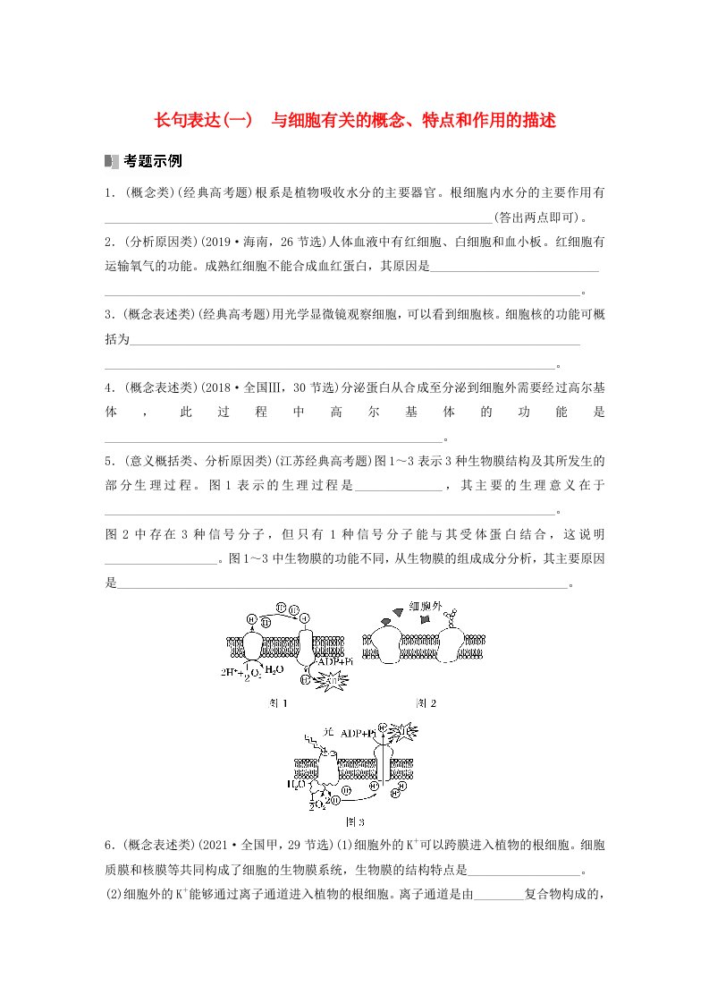 2024届高考生物一轮复习学案第二单元细胞的结构和生命活动长句表达一与细胞有关的概念特点和作用的描述苏教版