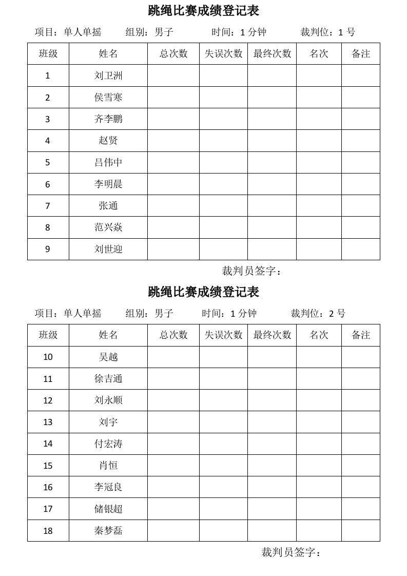 跳绳比赛成绩登记表