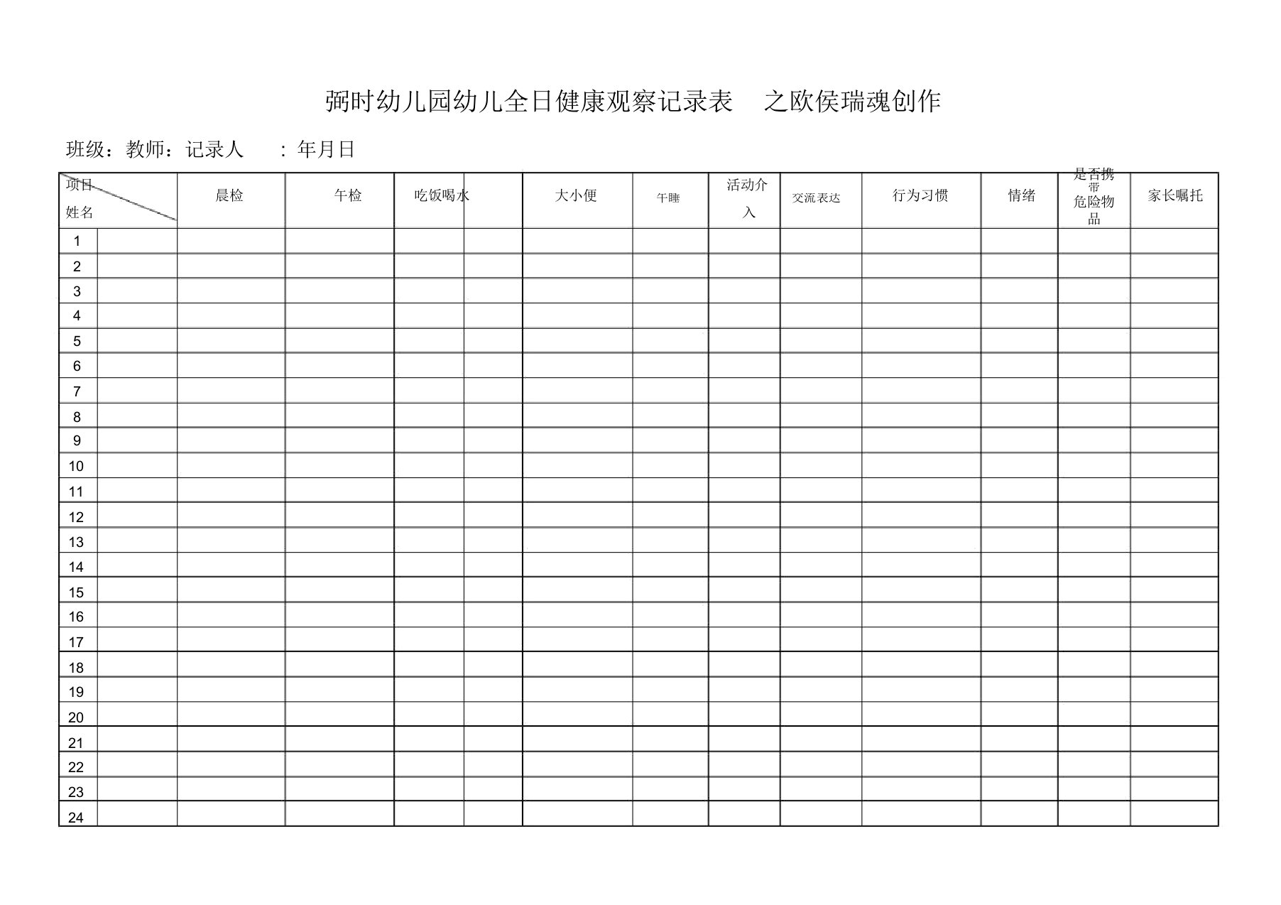 幼儿园全日健康观察记录表