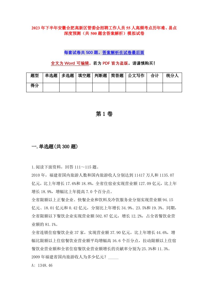 2023年下半年安徽合肥高新区管委会招聘工作人员55人高频考点历年难易点深度预测共500题含答案解析模拟试卷