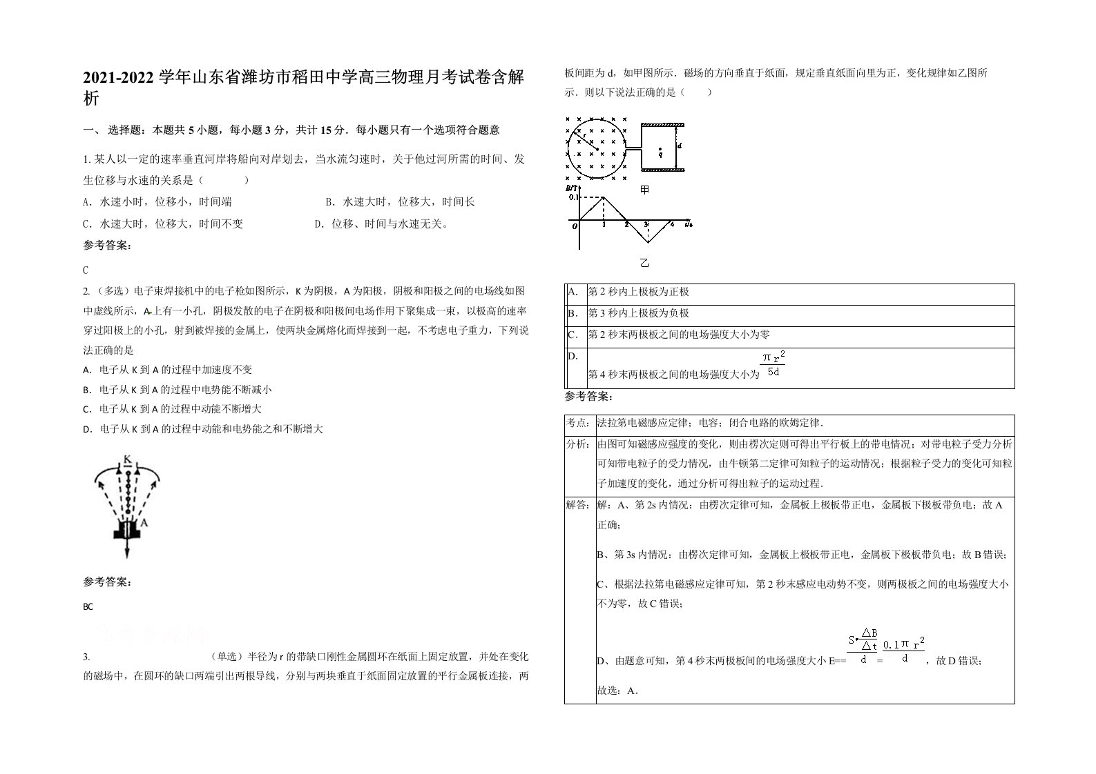 2021-2022学年山东省潍坊市稻田中学高三物理月考试卷含解析